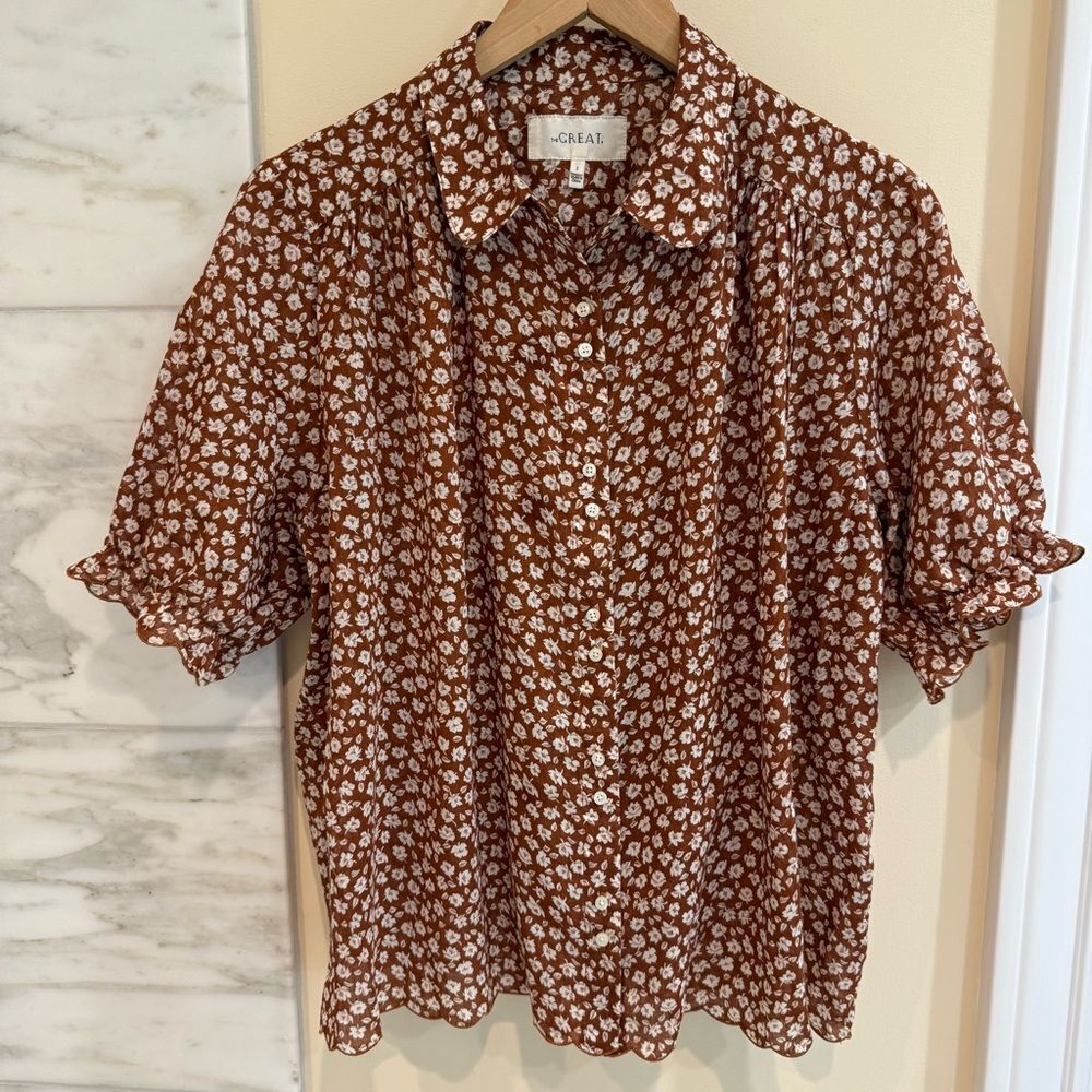 THE GREAT. Rust and White Floral Button Down Blouse
